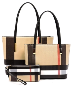 Smooth Textured Modern Check 3 in 1 Fashion Tote Set BT2669PP BLACK